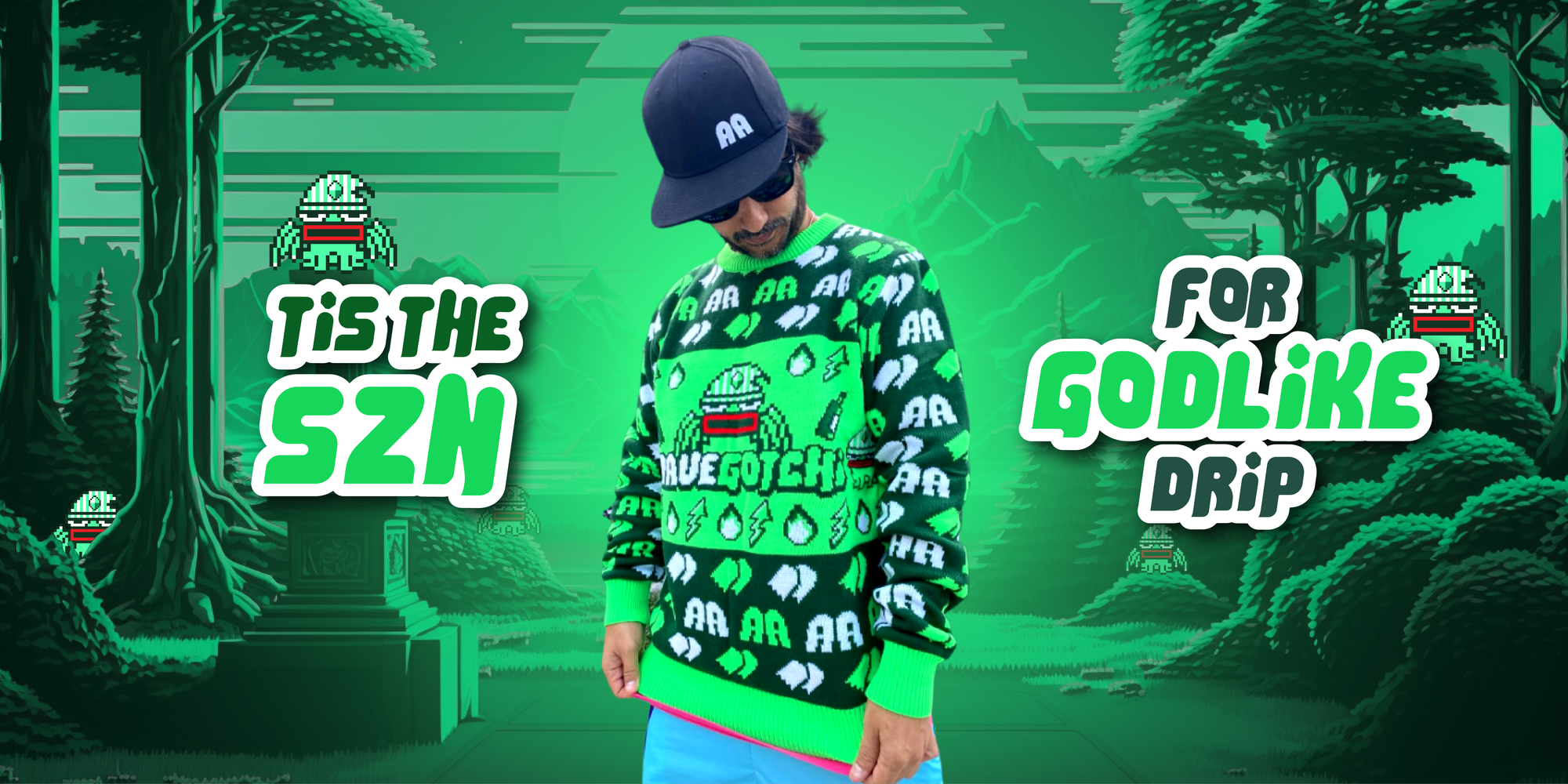 Behold, The 2023 Godlike Green Aavegotchi Holiday Sweater!